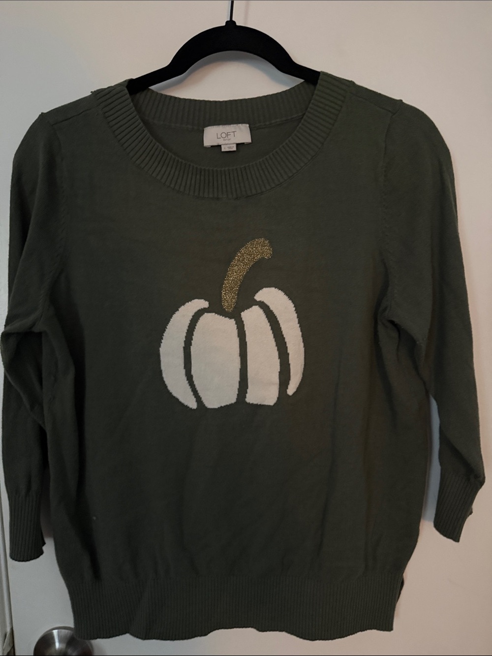 LOFT Olive Crewneck Sweater with White Pumpkin and Gold Stem